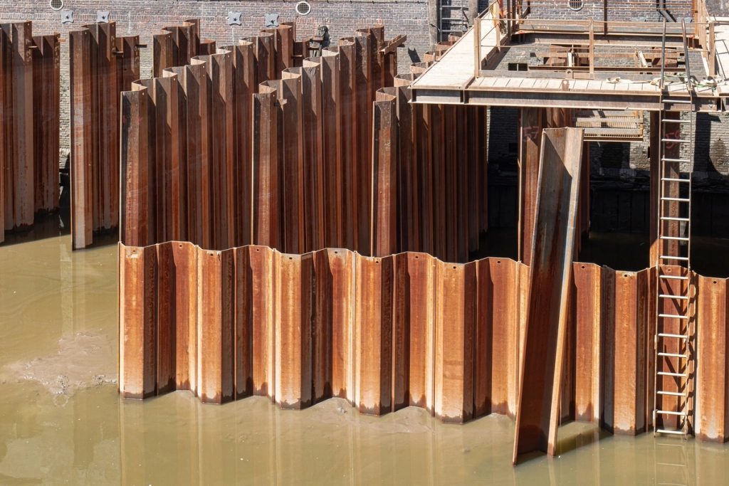 Palplanches métalliques en acier utilisées pour des travaux de construction dans un environnement aquatique, montrant la robustesse et la qualité des produits sidérurgiques d'ALTIFERS