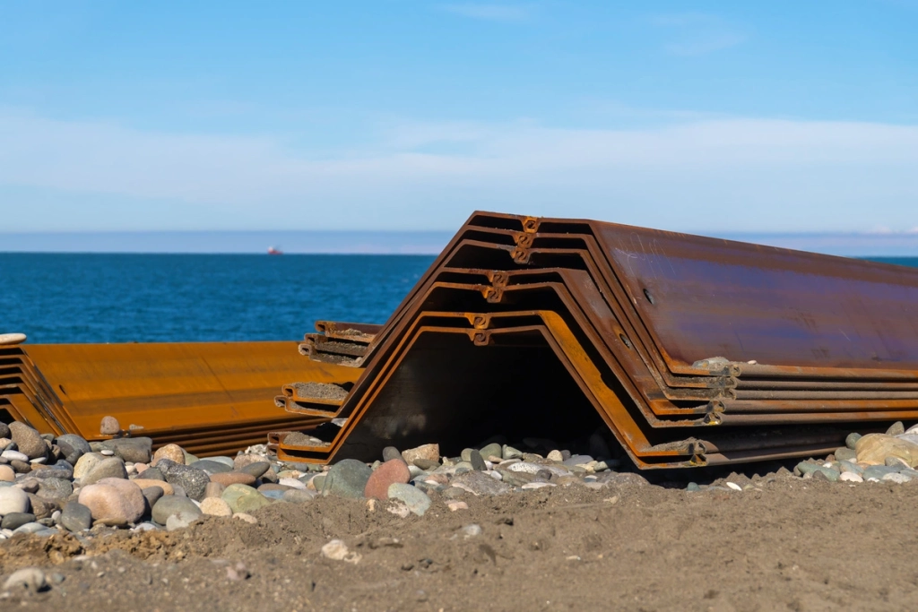 Palplanches métalliques sur une plage de galets, prêtes pour des travaux maritimes avec la mer en arrière-plan